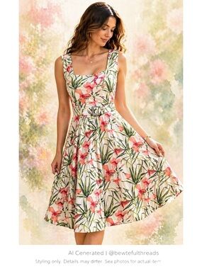 Cottagecore Floral Fit & Flare Dress Romantic Garden Party Belted Midi US